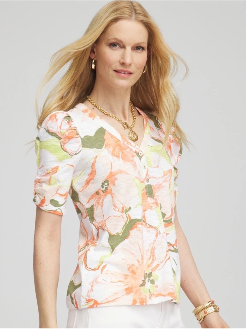 Chico's Floral Henley Shirred-Sleeve V-Neck Tee